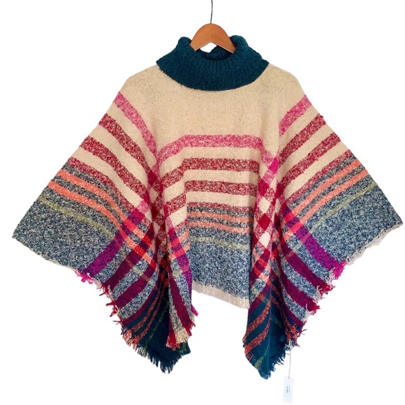 NEW Tara Cozy Boho Plaid Turtleneck Pullover Poncho Fringe - Picture 2 of 14